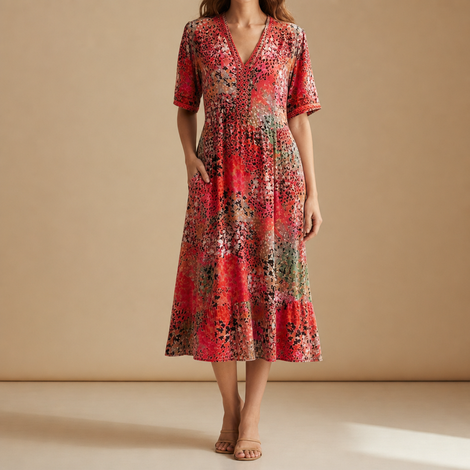 Roquebrune Floral Print Midi Dress in Scarlet Red