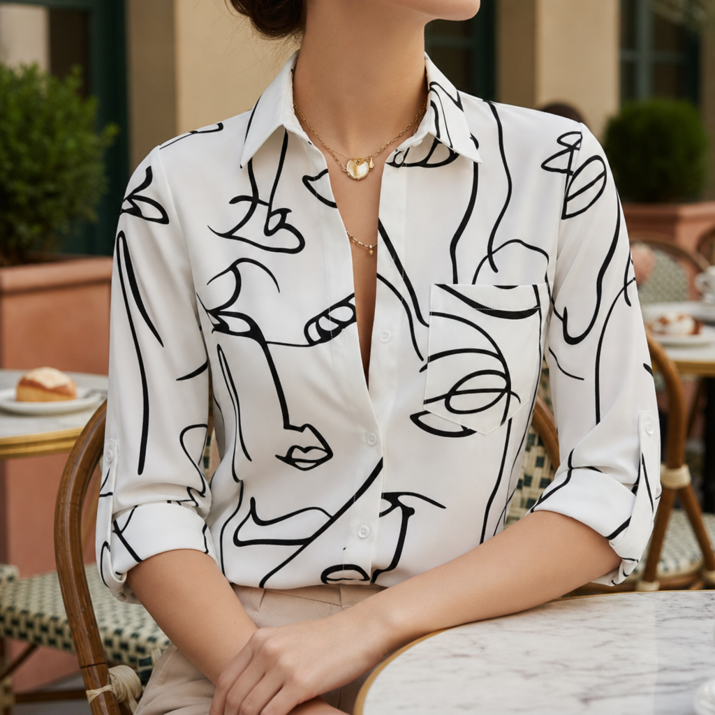 Merano Geometric Print Blouse in Black & White Abstract Face