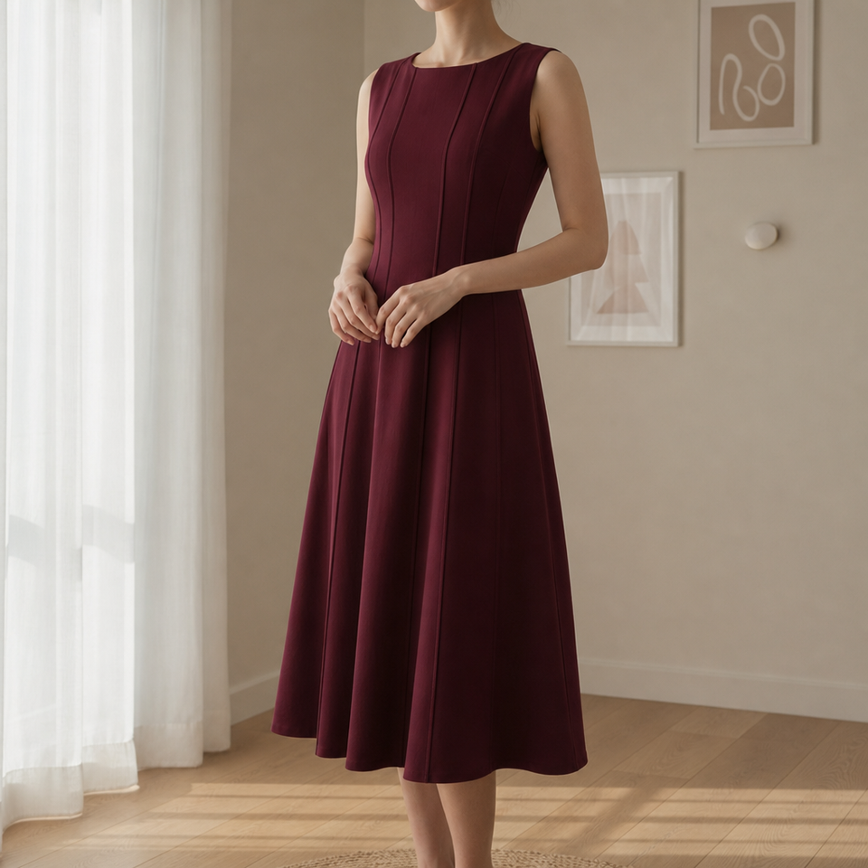 Amarante Linen A-Line Midi Dress in Wine Red