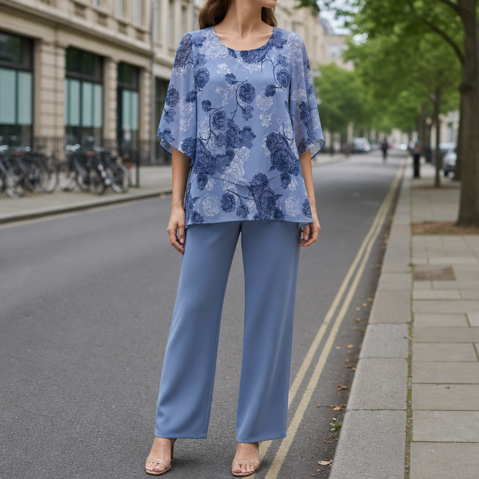 Biot Floral Chiffon Two-Piece Set in Slate Blue