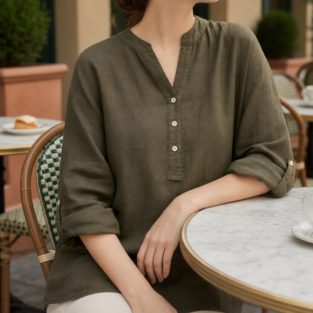 Paphos Linen Button-Up Tunic in Brown