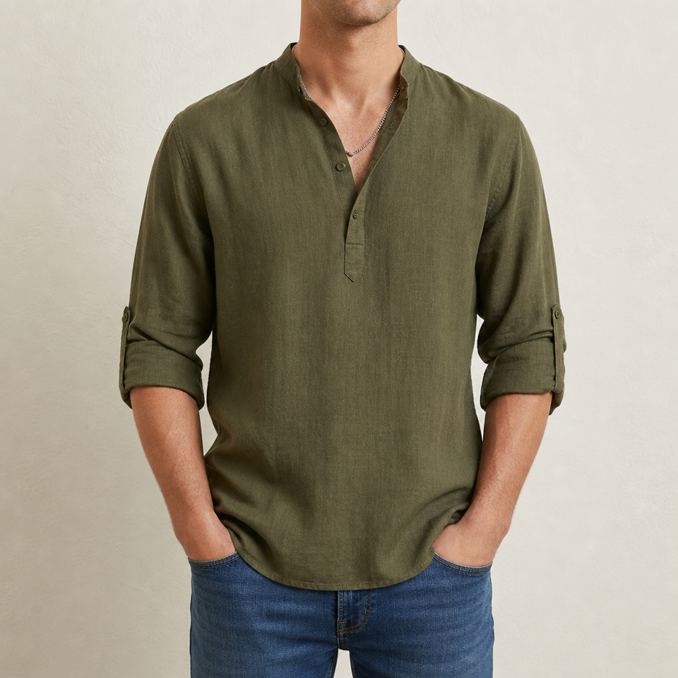 Apt Relaxed Linen Henley Shirt in Olive Green