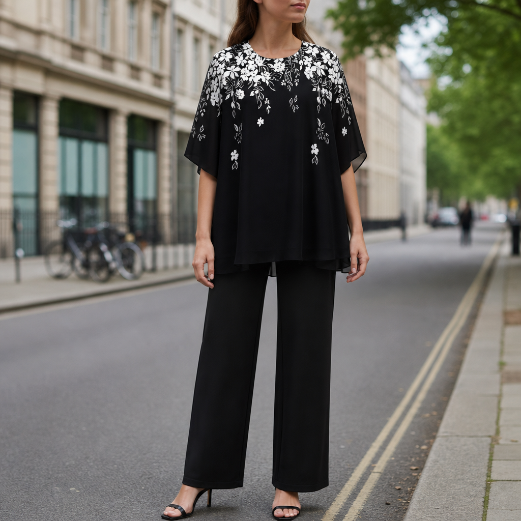 Biot Floral Chiffon Two-Piece Set in Black