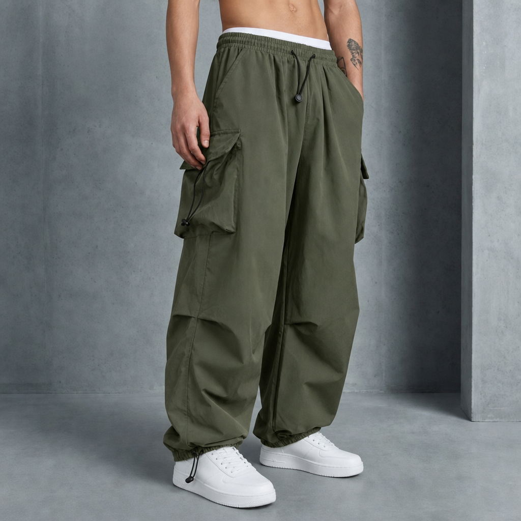 Nimes Wide Leg Cargo Pants in Olive Green