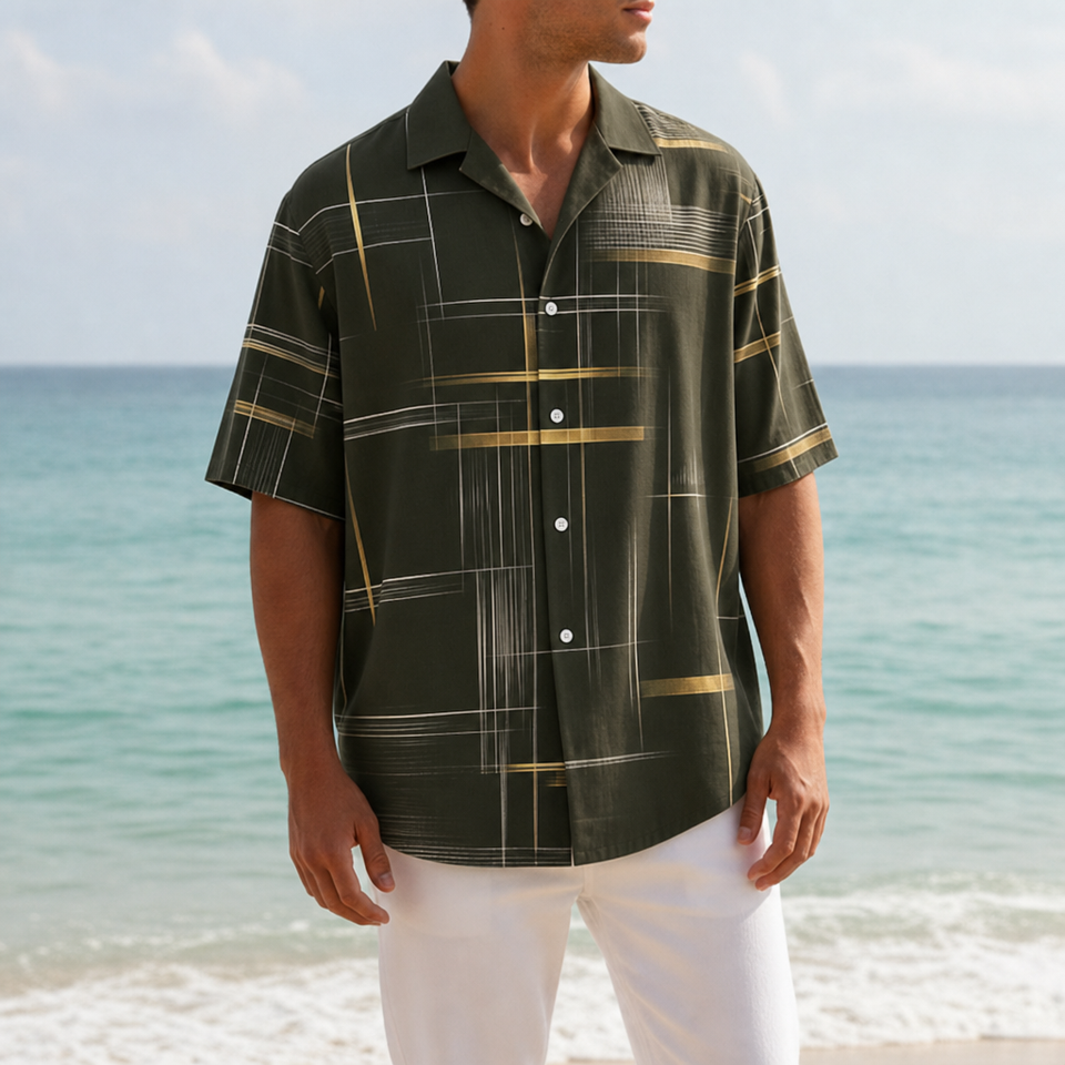 Bandol Geometric Plaid Button Shirt in Olive Green