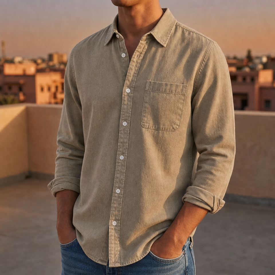 Mdina Casual Denim Button-Down in Beige