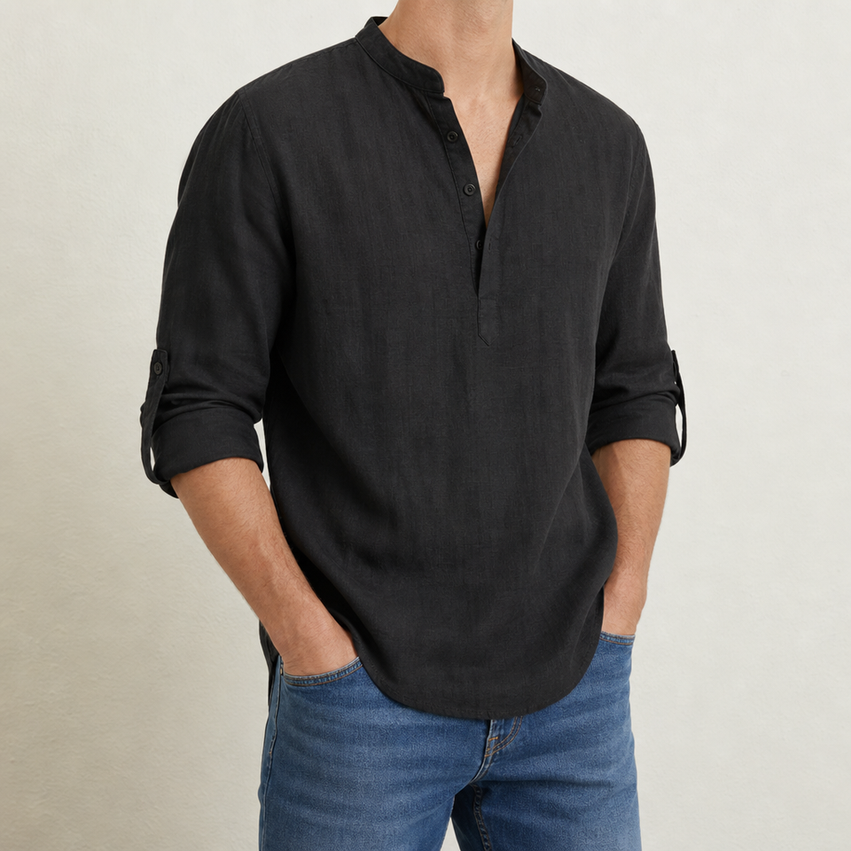 Apt Relaxed Linen Henley Shirt in Black