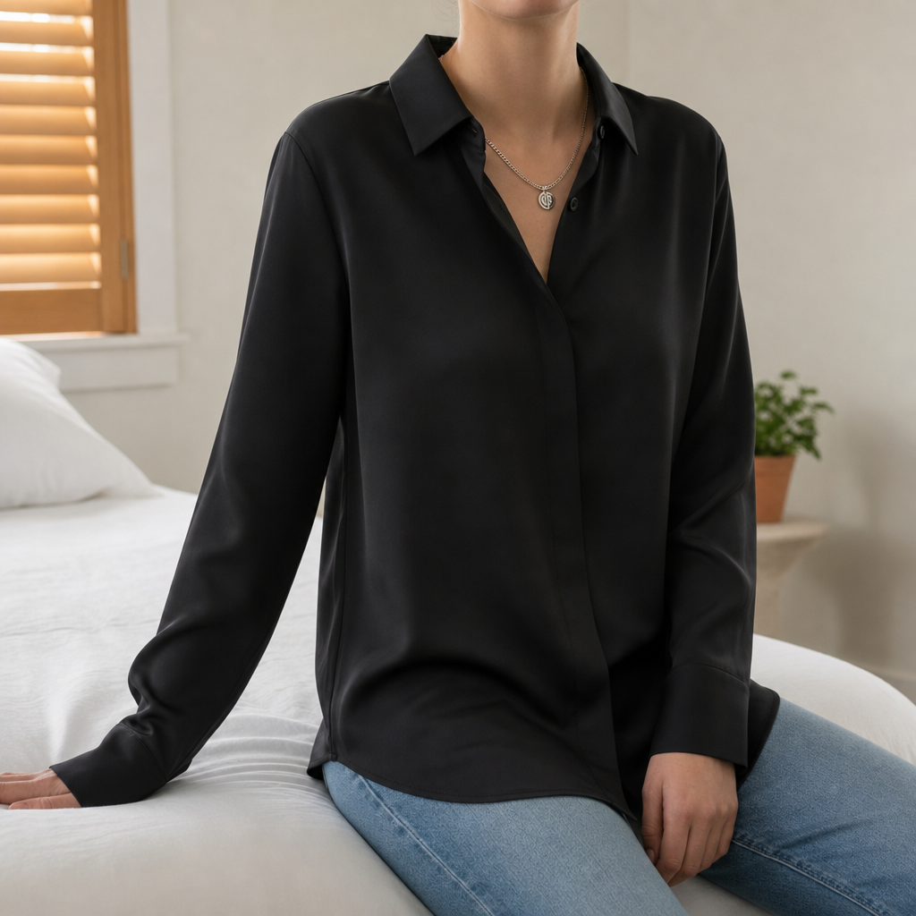 Opatija Long Sleeve Button Blouse in Black