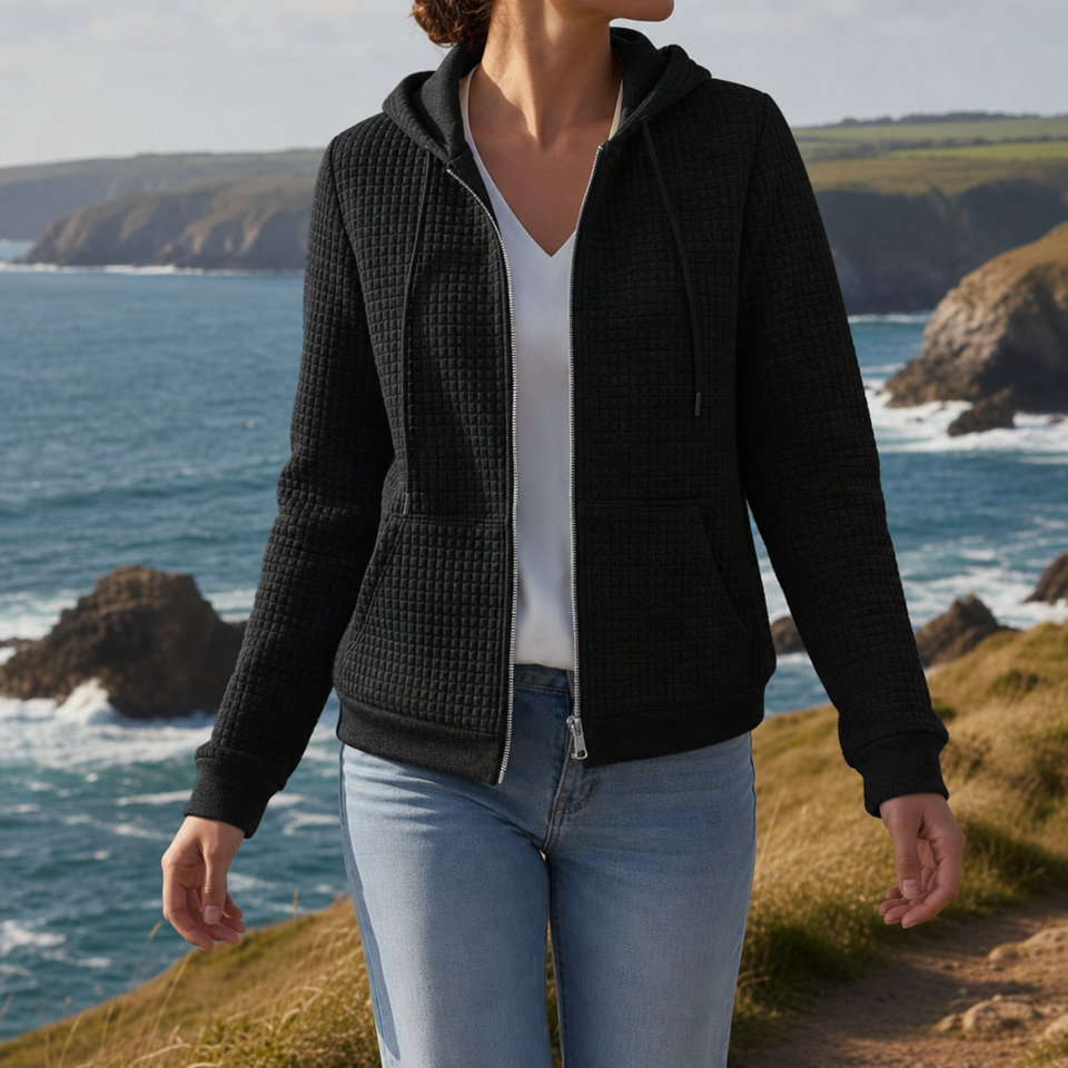 Kefalonia Waffle Knit Zip Hoodie in Black