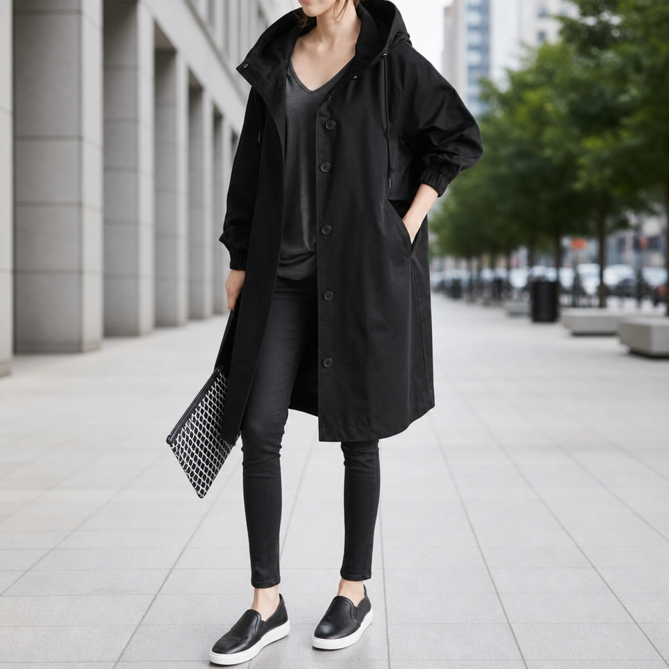 Frigiliana Hooded Longline Trench Coat in Black