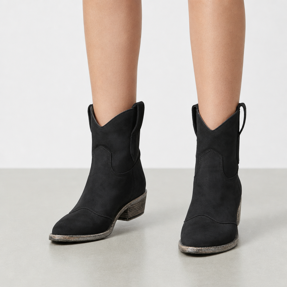 Lucca Vintage Western Ankle Boots in Black