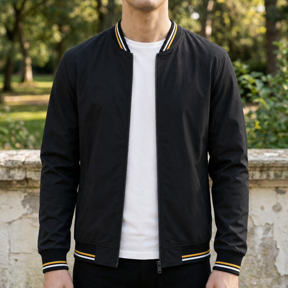 Kalymnos Striped Trim Bomber Jacket in Black