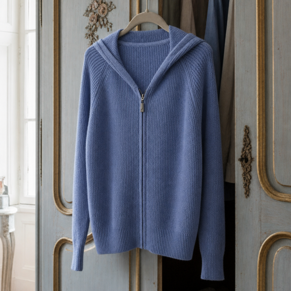 Camogli Ribbed Knit Zip Hoodie in Blue