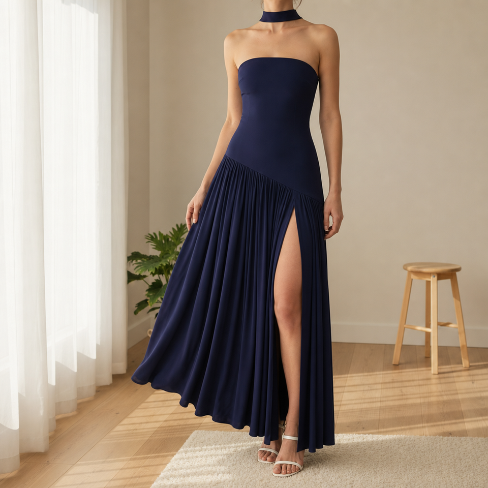 Formentor Strapless Slit Maxi Dress in Blue