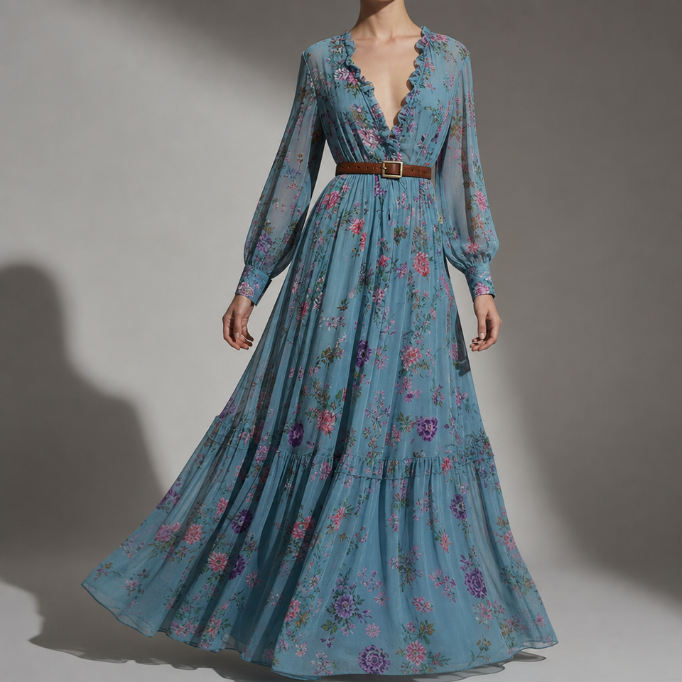Montalcino Embroidered Boho Maxi Dress in Blue