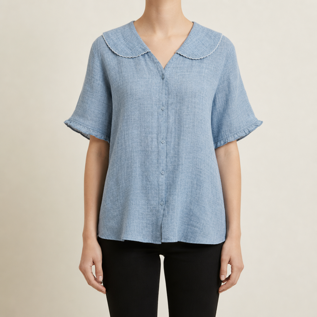Sorrento Doll Collar Linen Blouse in Dusty Blue