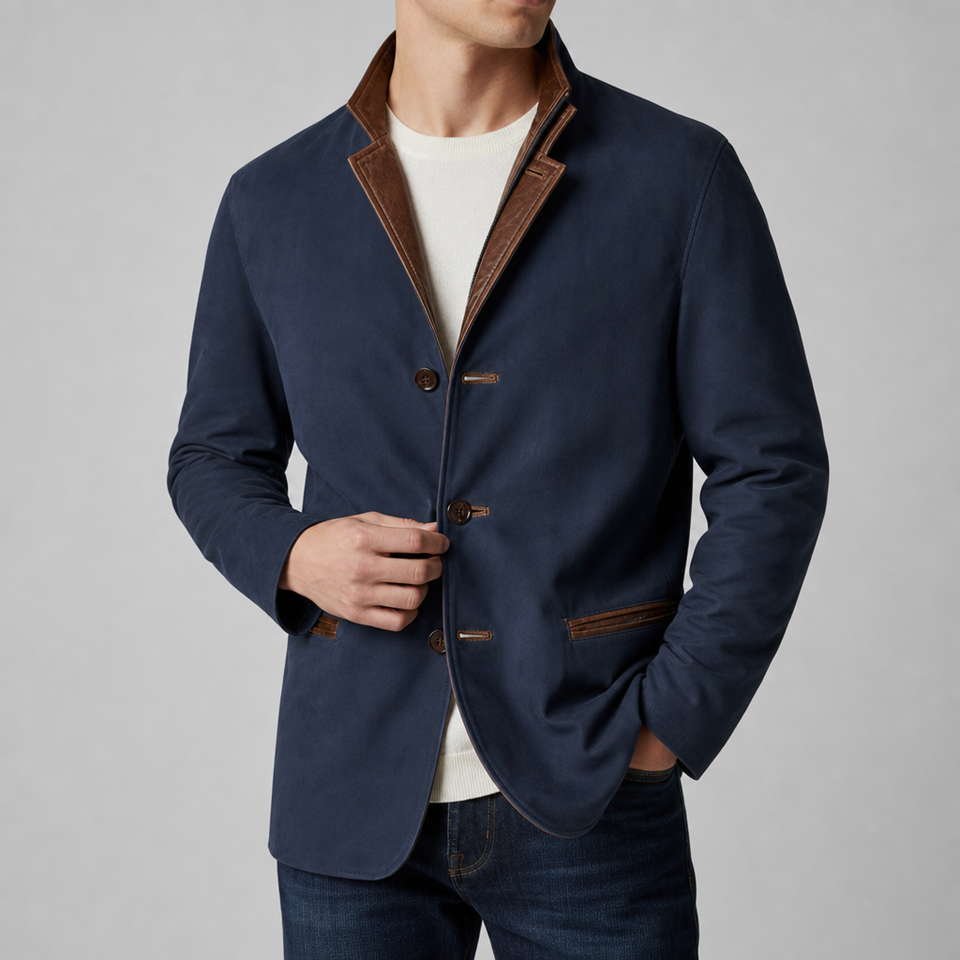 Paros Suede Leather Blazer Jacket in NavyBlue
