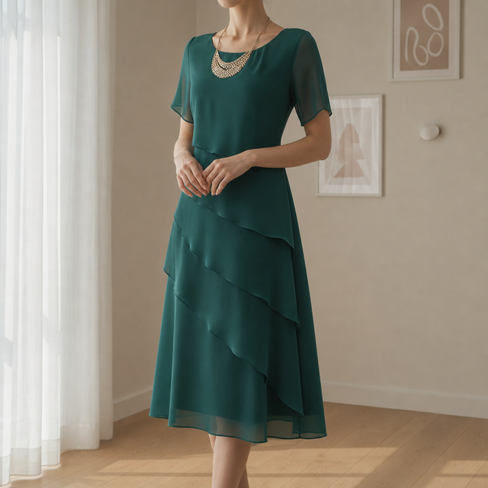 Mantova Tiered Chiffon Midi Dress in Green