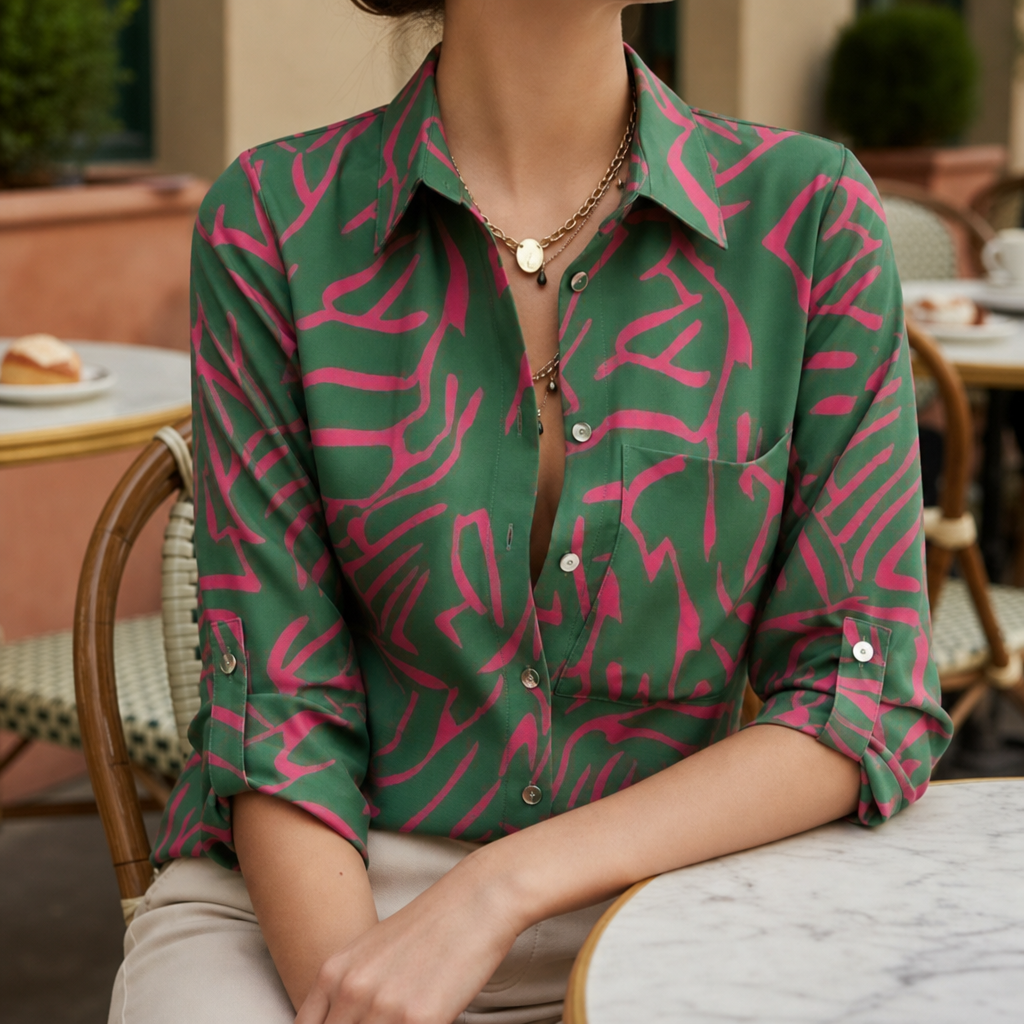 Merano Geometric Print Blouse in Emerald Green & Fuchsia Abstract