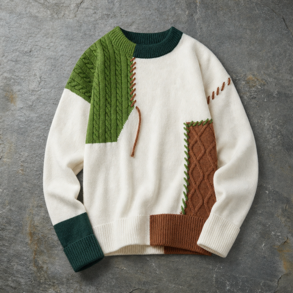 Alonnisos Patchwork Cable Knit Sweater in Green