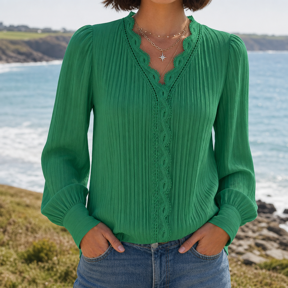 Mljet Lace Trim V-Neck Blouse in Green