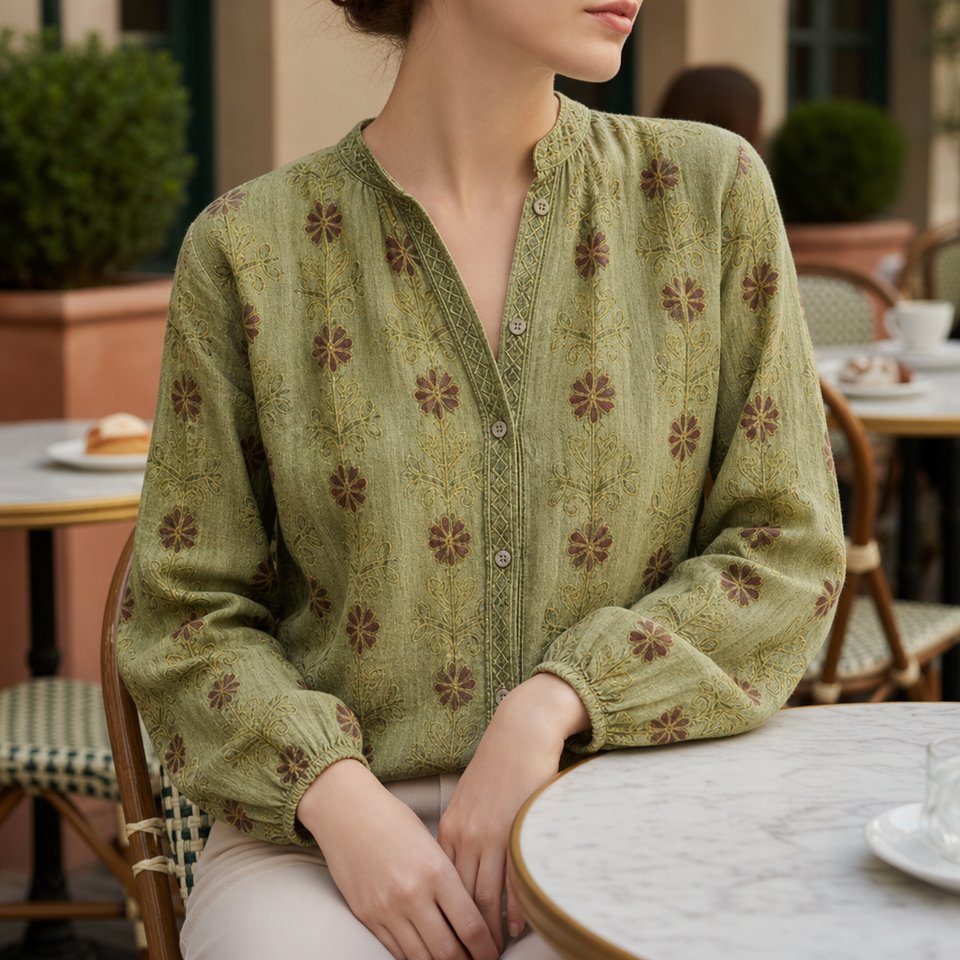 Tarragona Floral Bohemian Blouse in Olive Green
