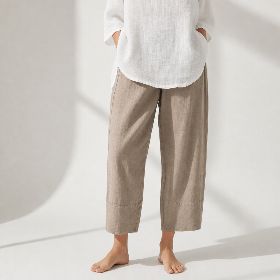 Antiparos Loose Linen Cropped Pants in Khaki