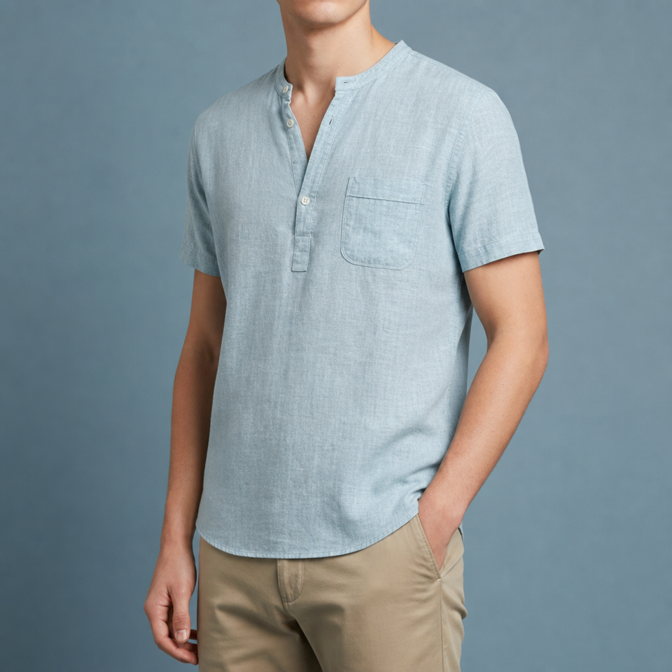 Anzio Linen Henley Shirt in Light Blue