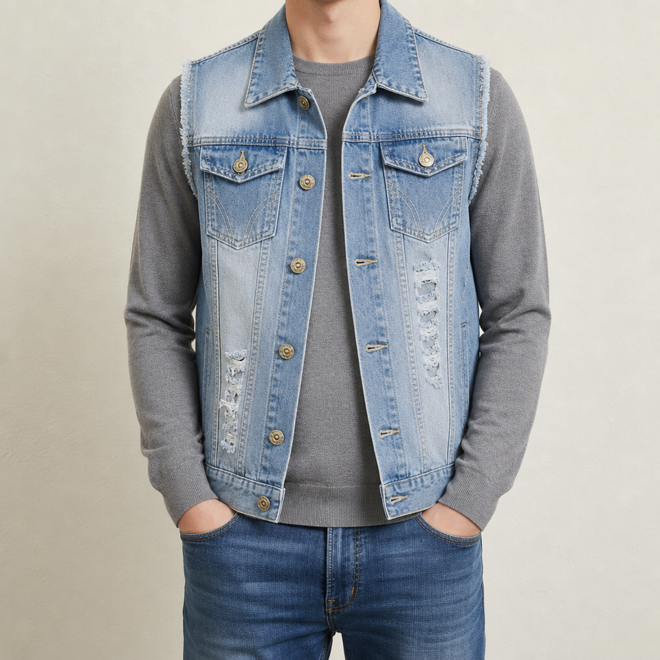 Larnaca Distressed Denim Vest in Light Blue