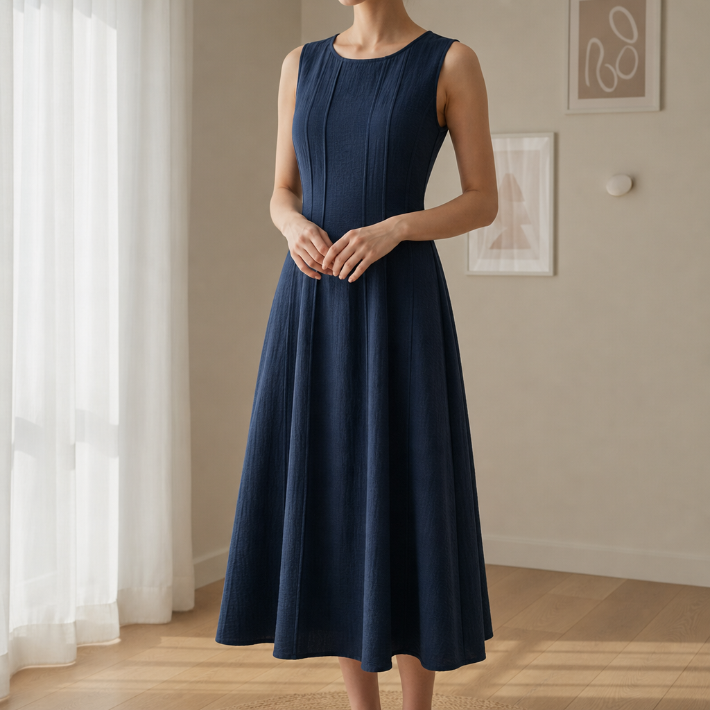 Amarante Linen A-Line Midi Dress in Navy Blue