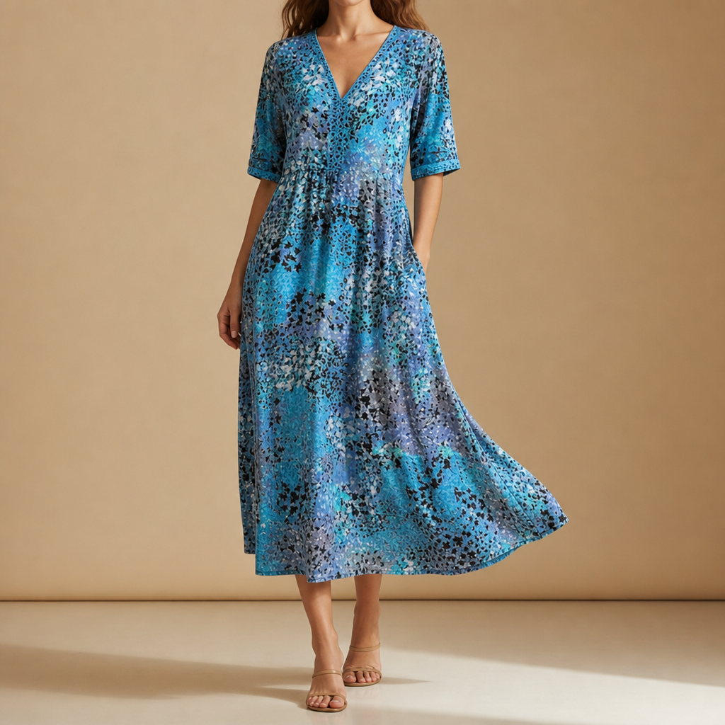Roquebrune Floral Print Midi Dress in Ocean Blue