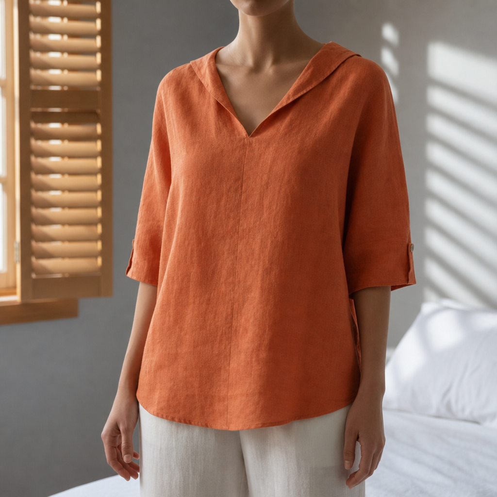 Camogli Linen V-Neck Blouse in Burnt Orange
