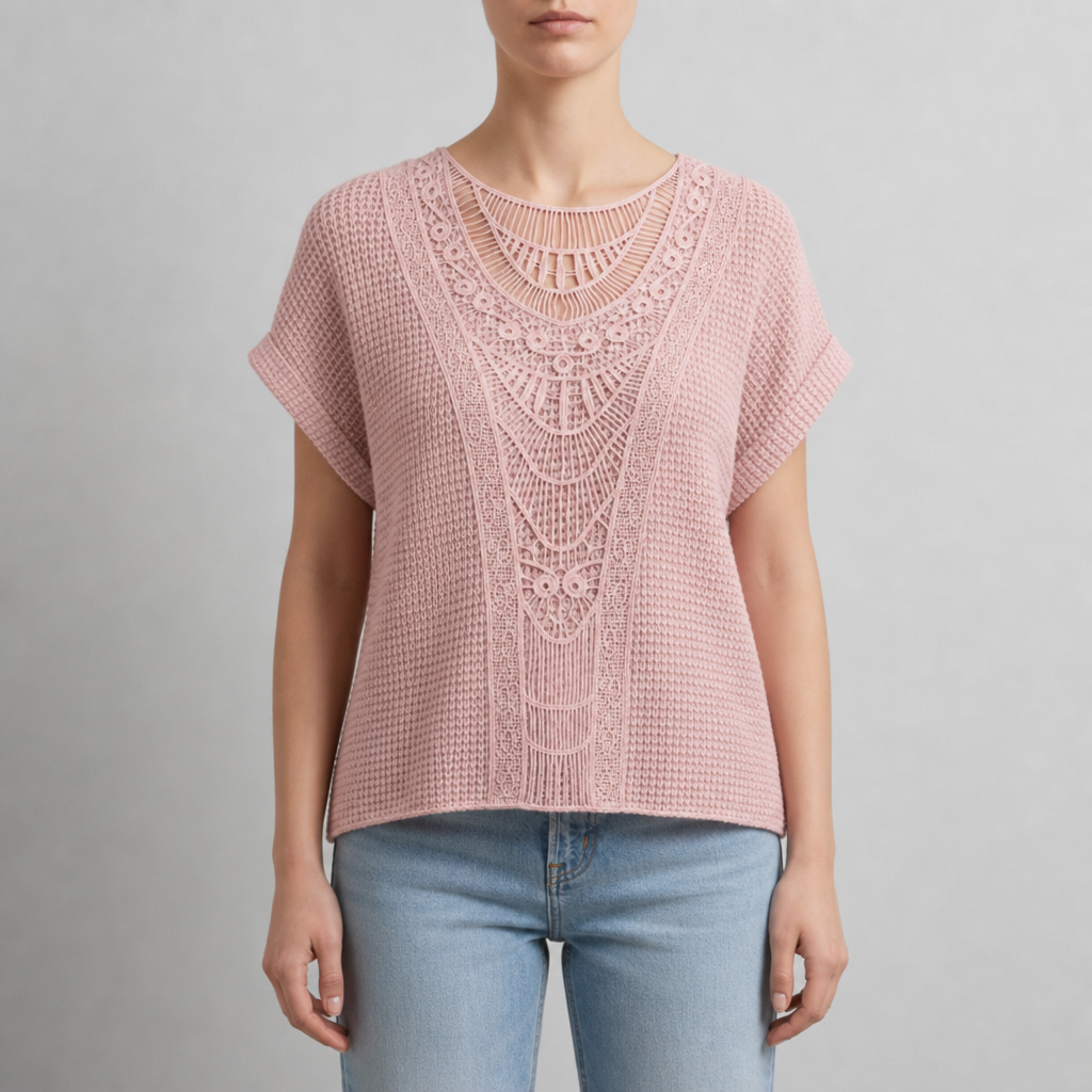 Ajaccio Crochet Lace Knit Blouse in Pink