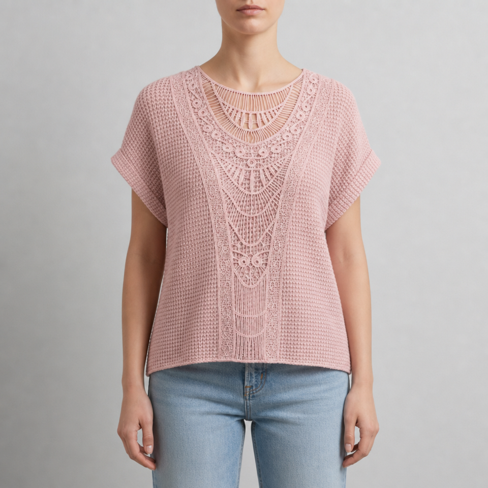 Ajaccio Crochet Lace Knit Blouse in Pink