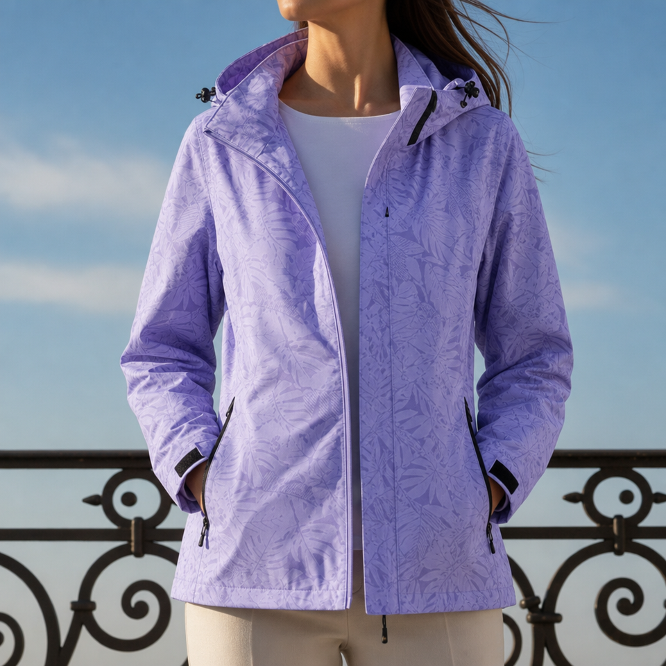 Arles Leaf Print Hooded Jacket in Purple