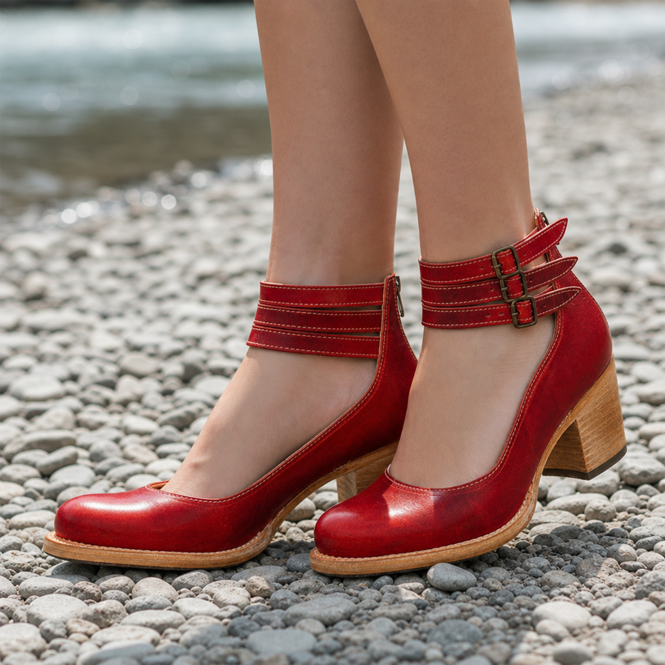 Monsanto Double Buckle Block Heels in Red