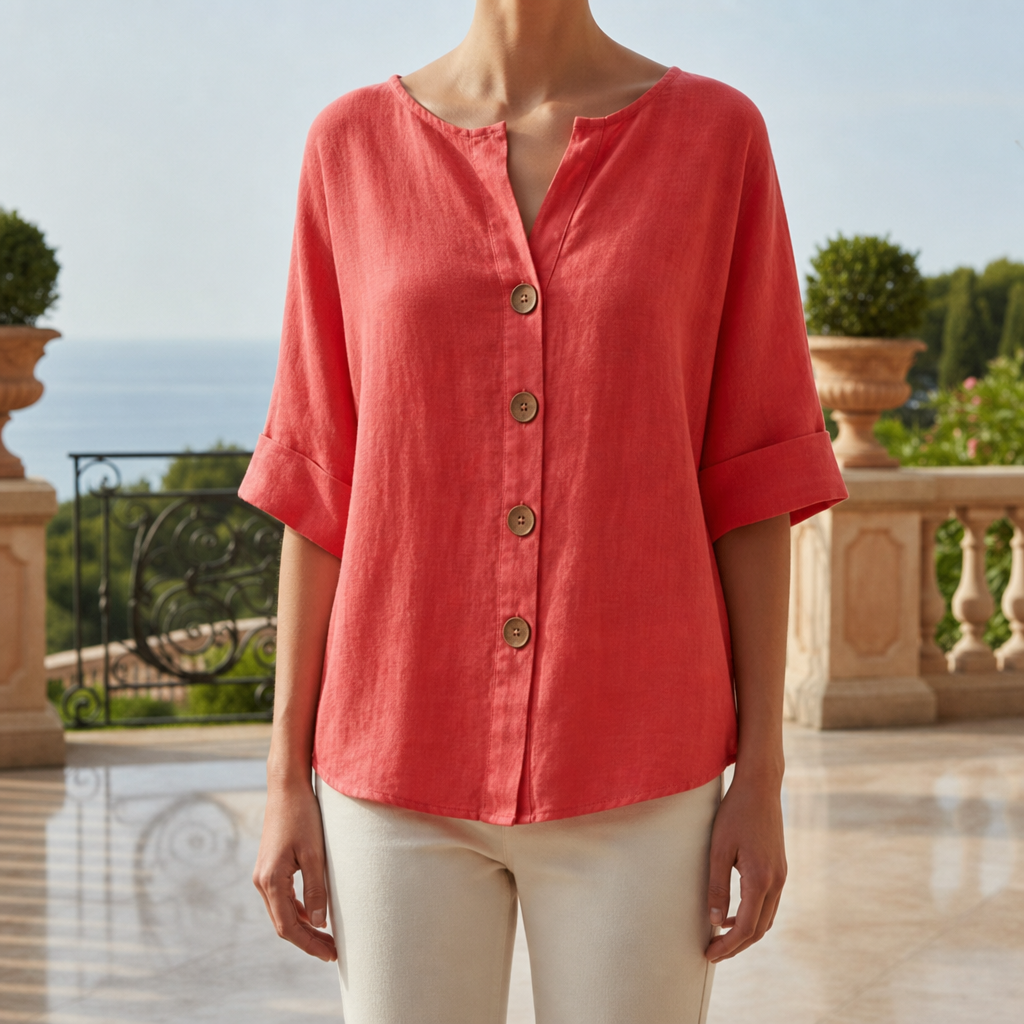 Tarifa Linen Button-Up Blouse in Coral Red