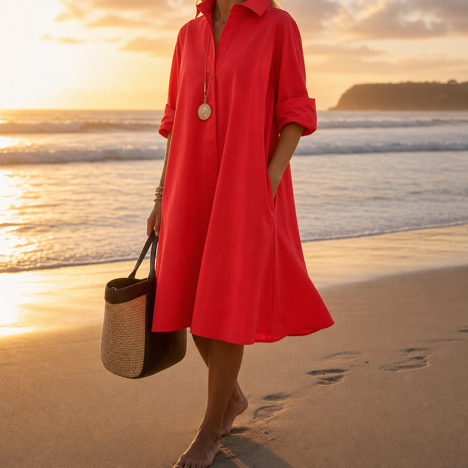 Javea Collared Shirt Dress in Red