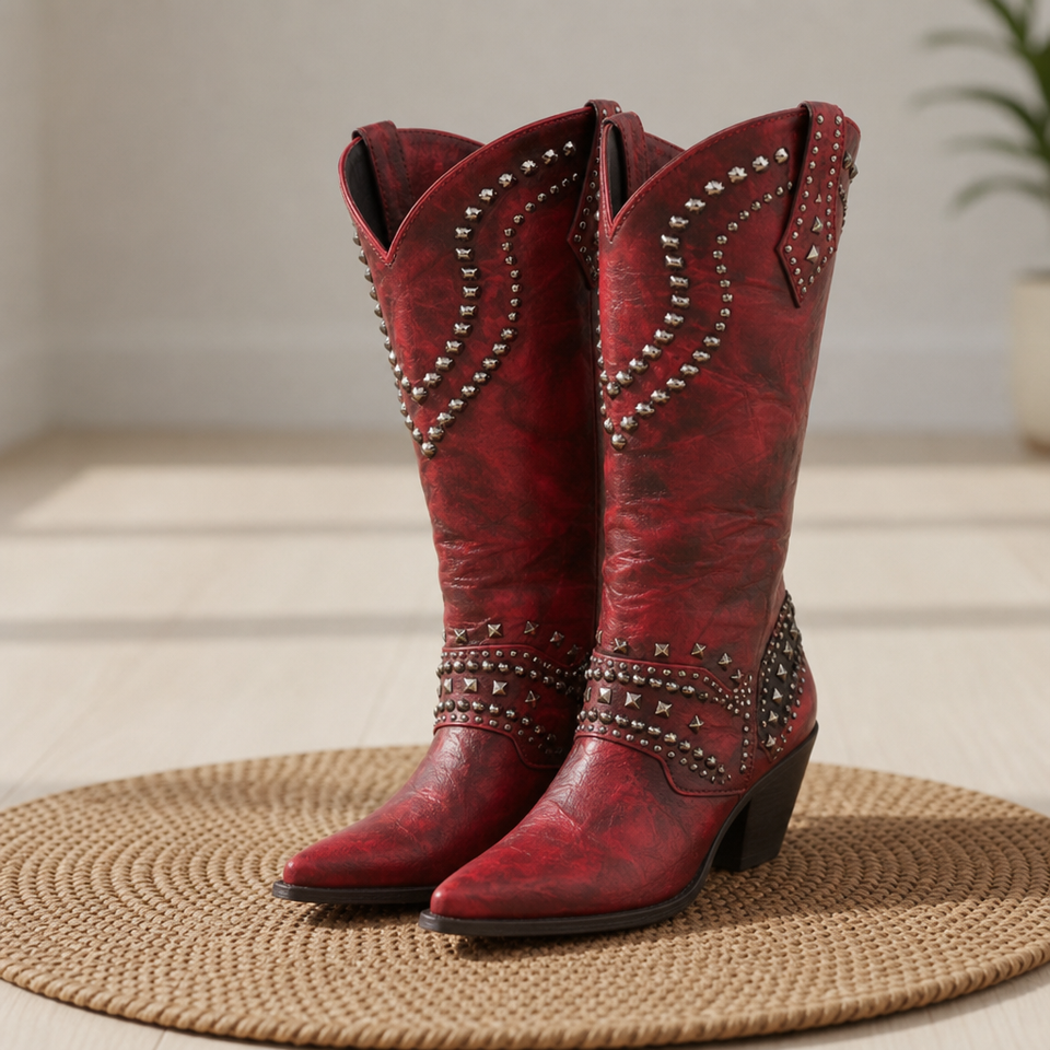 Alassio Studded Western Knee-High Boots in Red