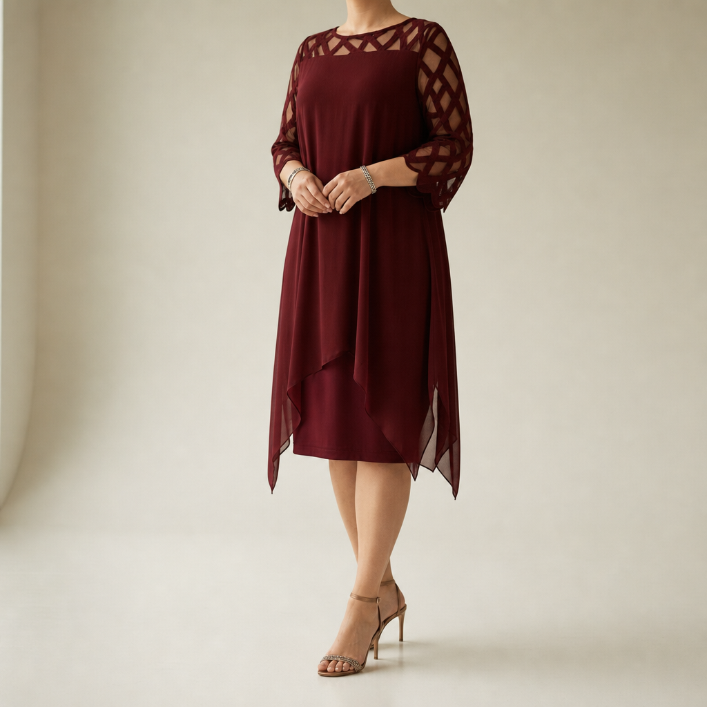 Cavtat Lace Sleeve Chiffon Dress in Red Wine