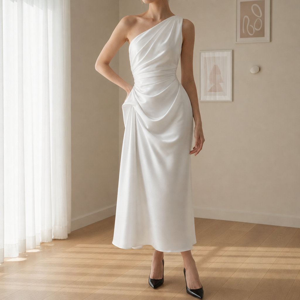 Narbonne Draped Satin Midi Dress in White