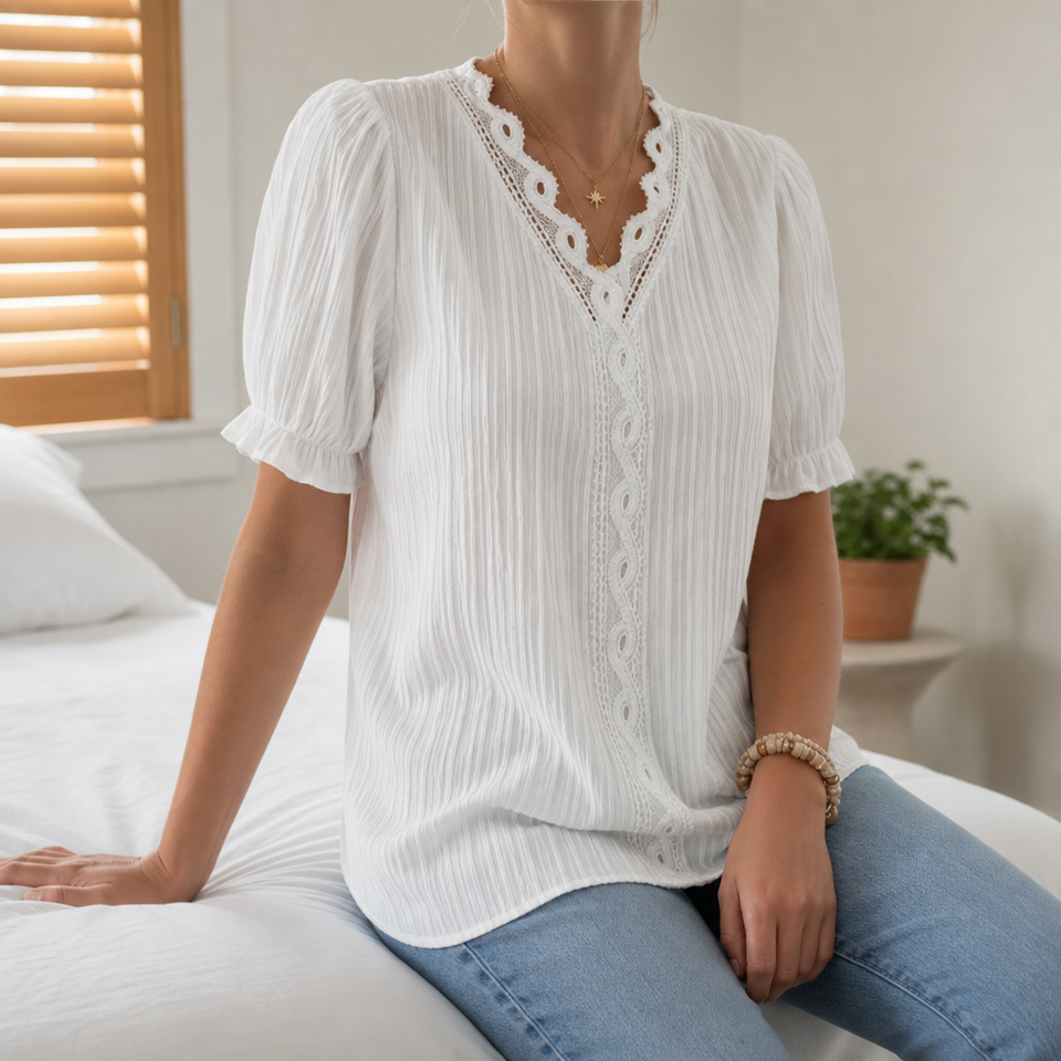 Poros Lace Trim Puff Sleeve Blouse in White
