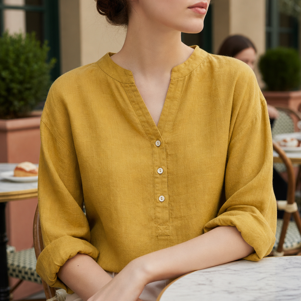 Paphos Linen Button-Up Tunic in Yellow