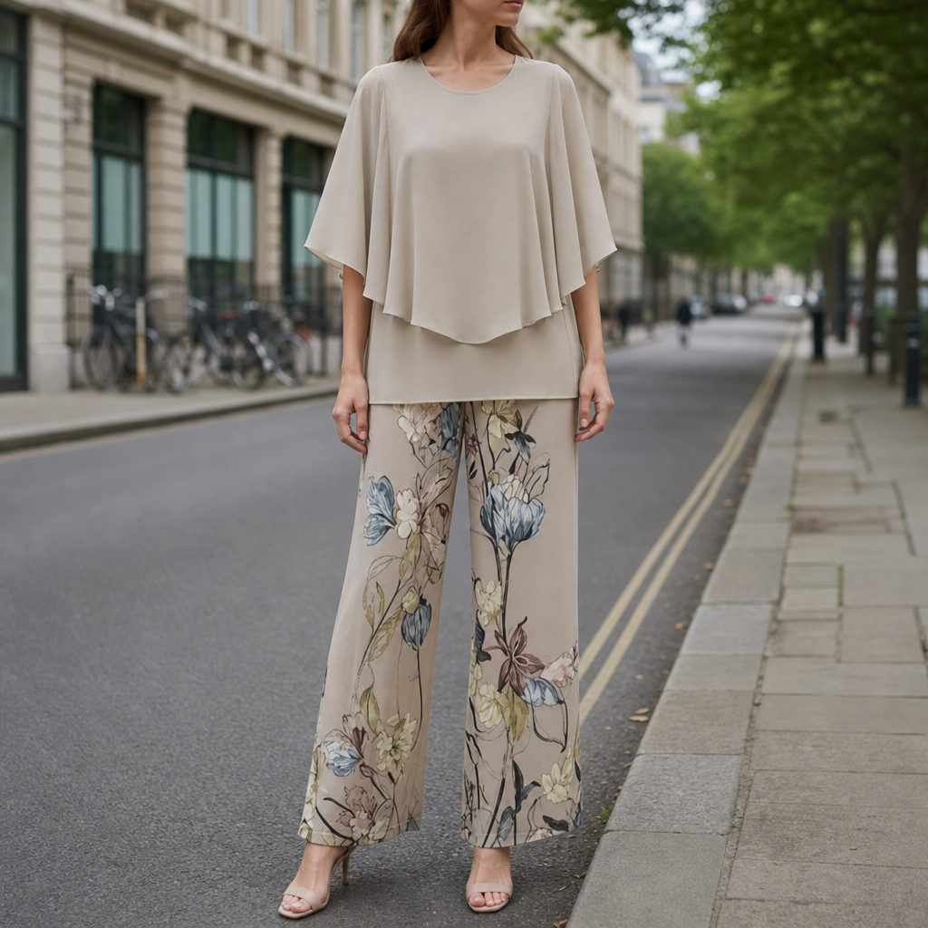 Biot Floral Chiffon Two-Piece Set in Beige