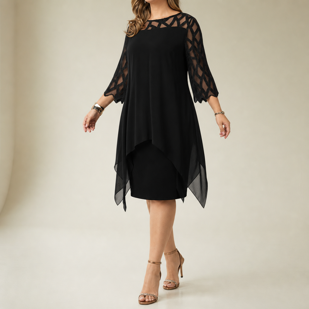 Cavtat Lace Sleeve Chiffon Dress in Black