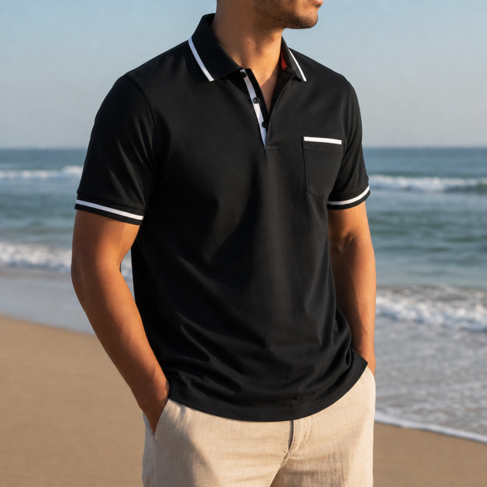Nimes Striped Trim Polo Shirt in Black