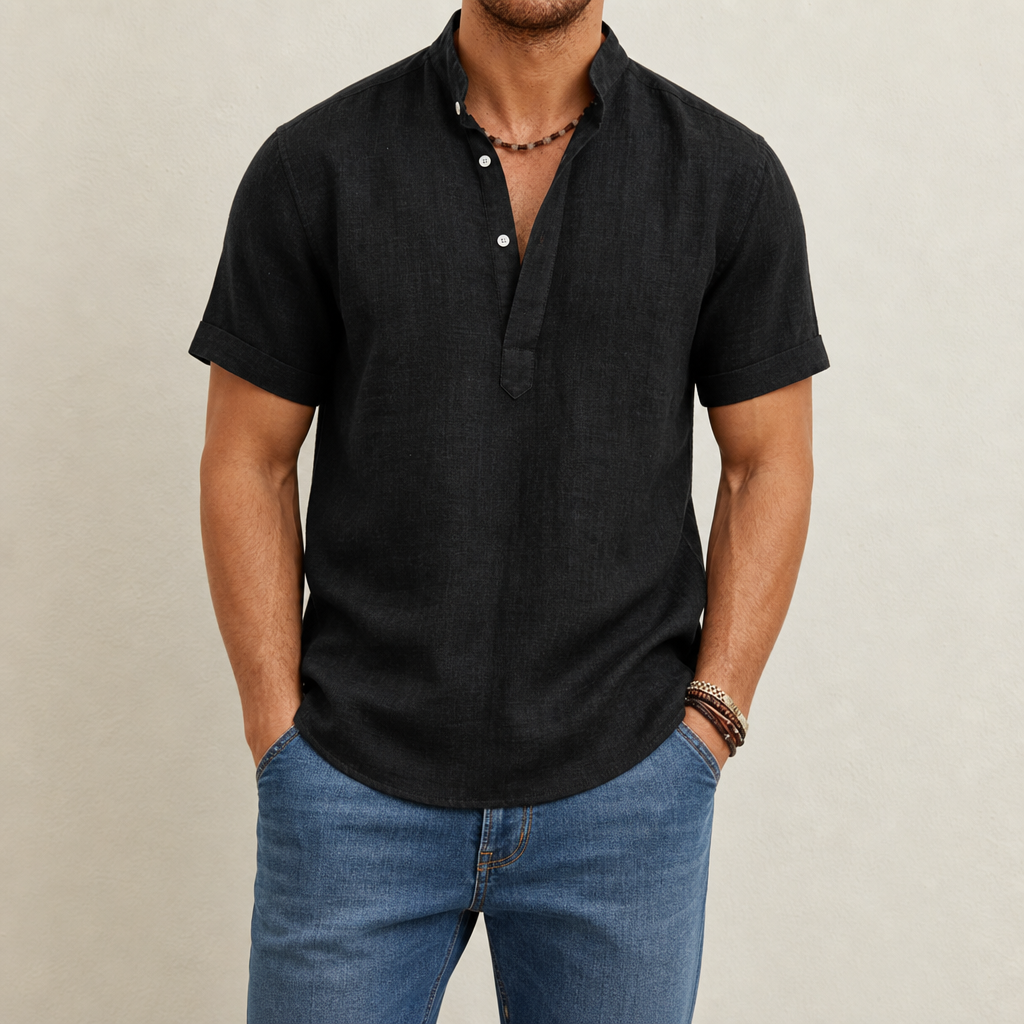 Kythnos Linen Henley Shirt in Black