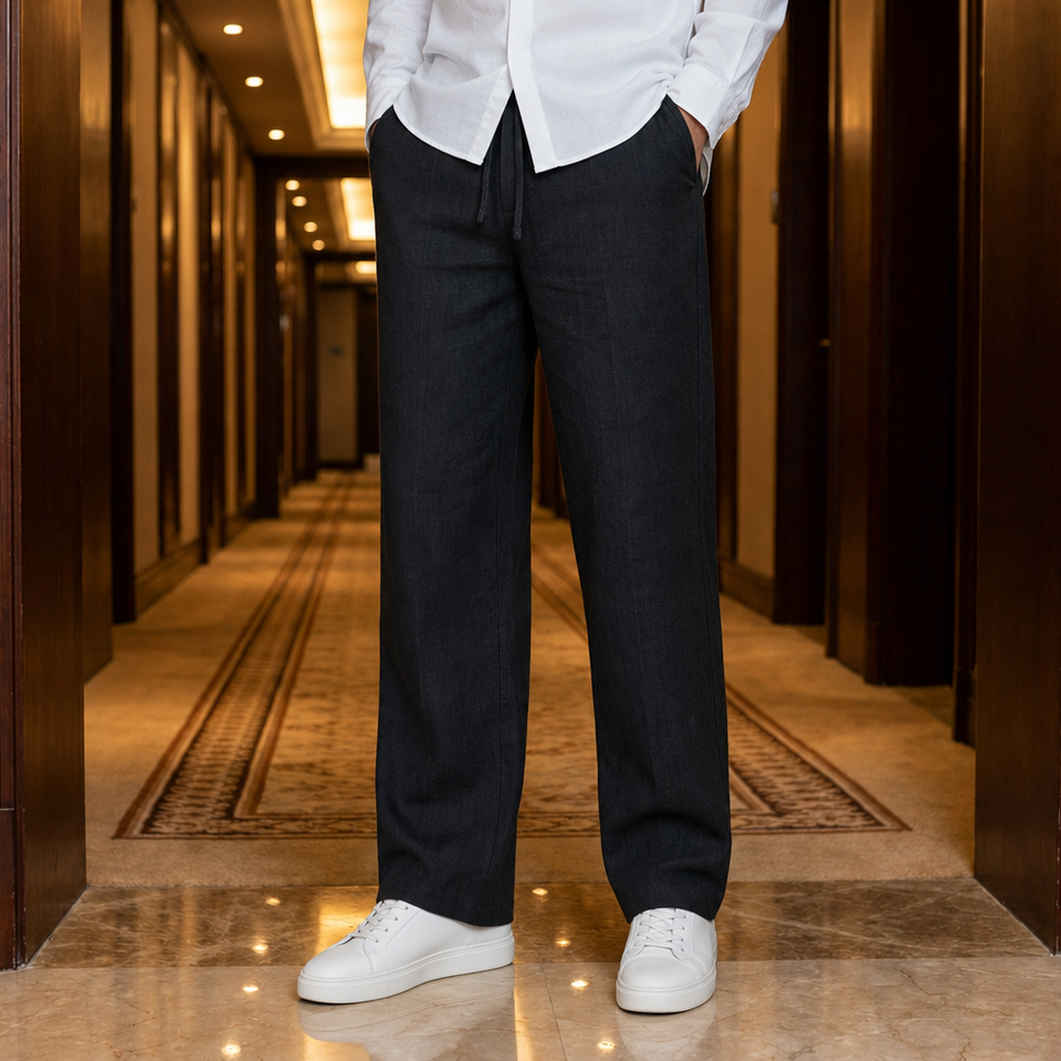 Valletta Straight Leg Linen Trousers in Black