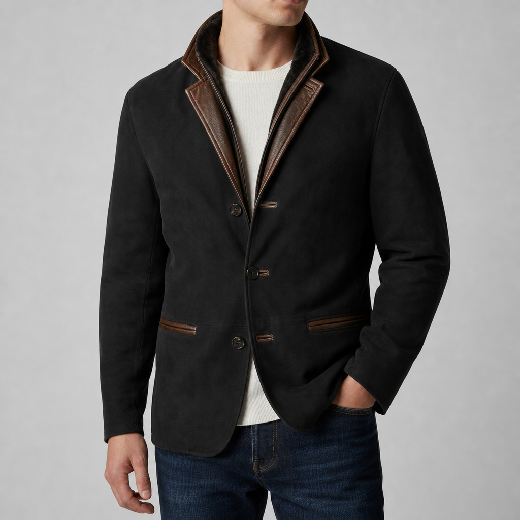 Paros Suede Leather Blazer Jacket in Black
