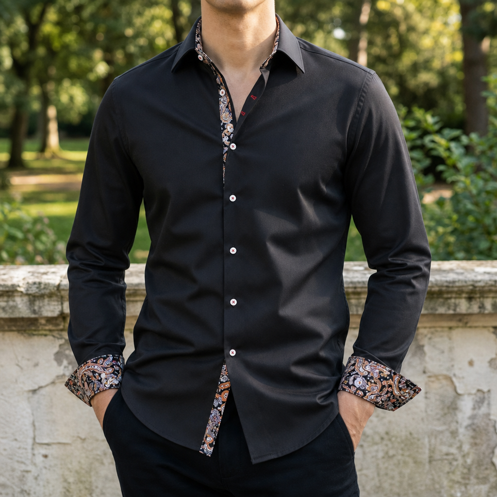 Baeza Paisley Accent Dress Shirt in Black
